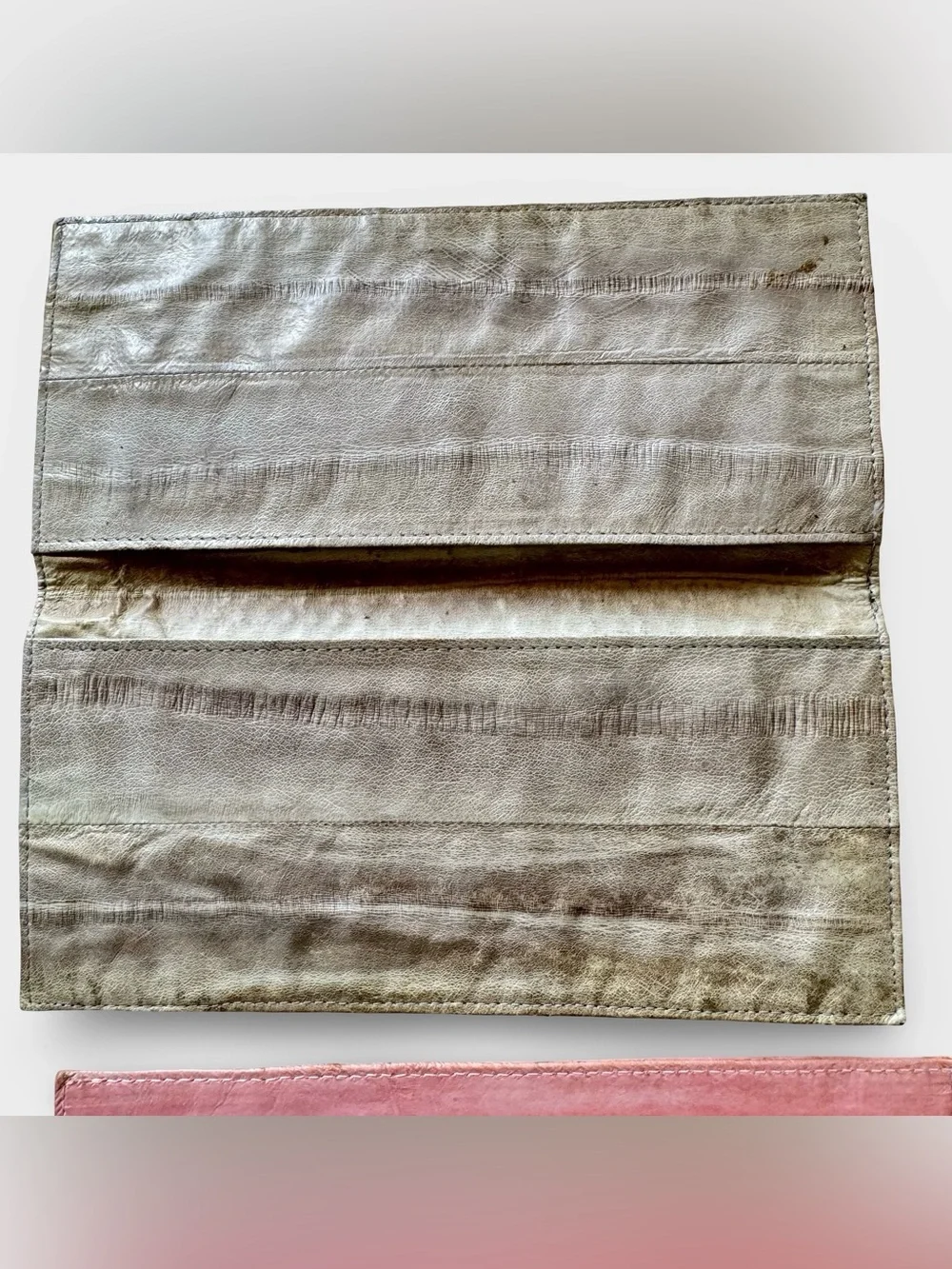 Lot 2 Vintage Eel Skin Long Billfold Wallet Pink Taupe 1980s Checkbook Cover